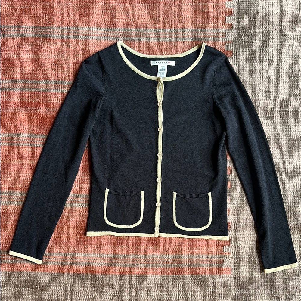 Vintage 90s Max Studio Fitted Black Cardigan with Cream Trim